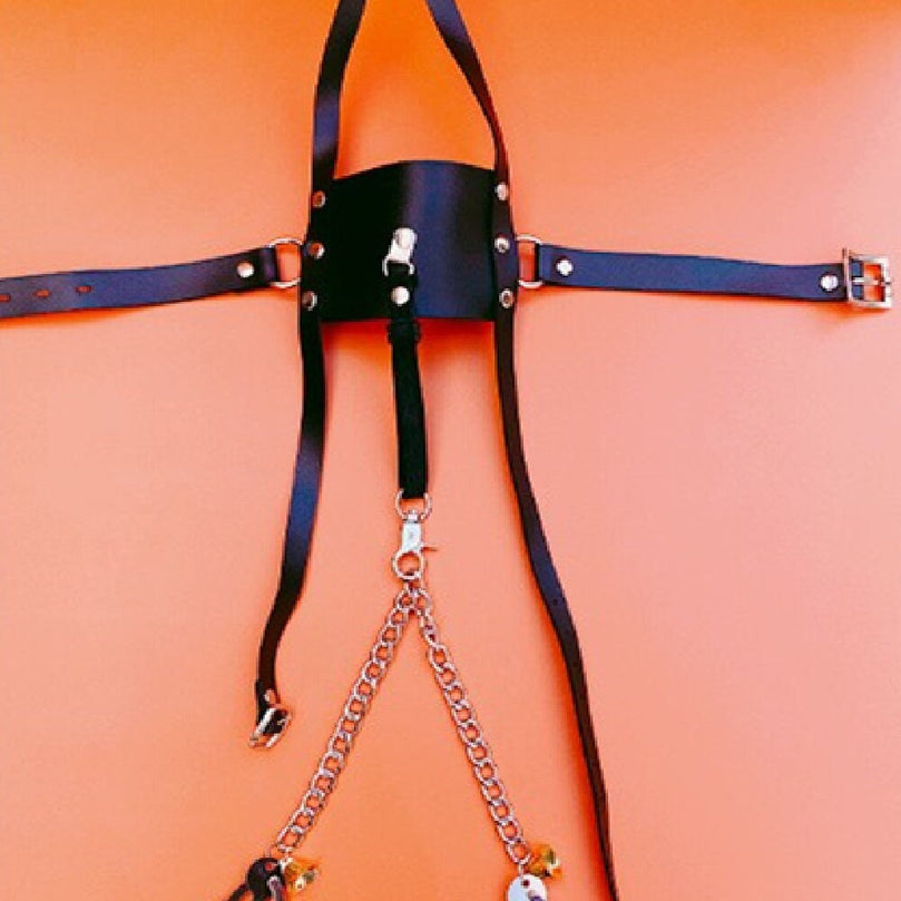 Leather Bondage Gag with Nipple Clamps