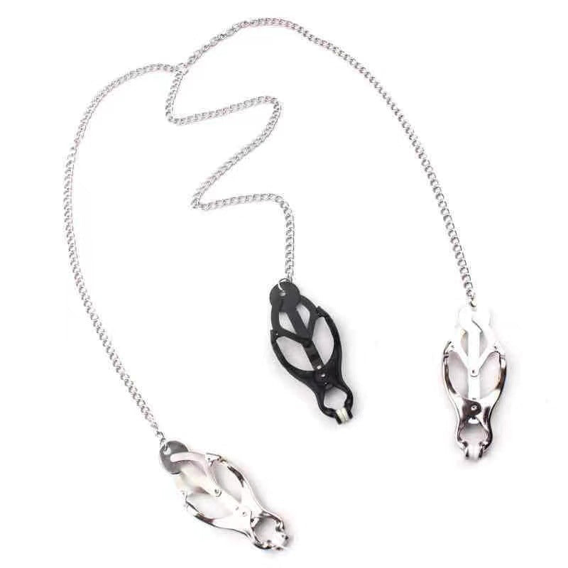 Metal Nipple Clamp Trio – BDSM Chain for Intense Play